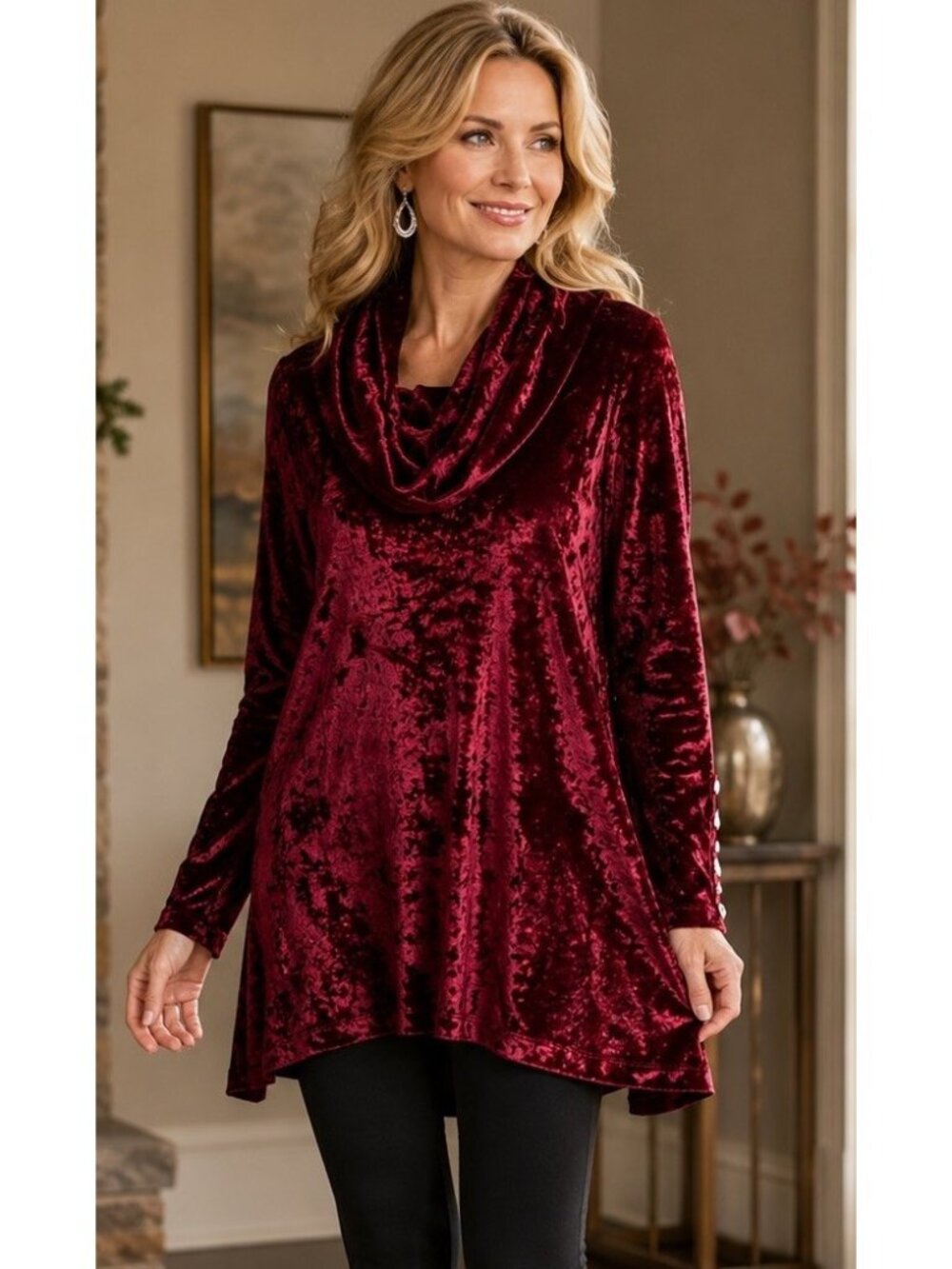Umgee Red Crushed Velvet Long Sleeve Cowl Neck Tunic Blouse Top Size Medium